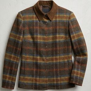 [Evan Picone] Plaid Wool Shacket Corduroy Collar — Brown, Blue, Mustard Size 8